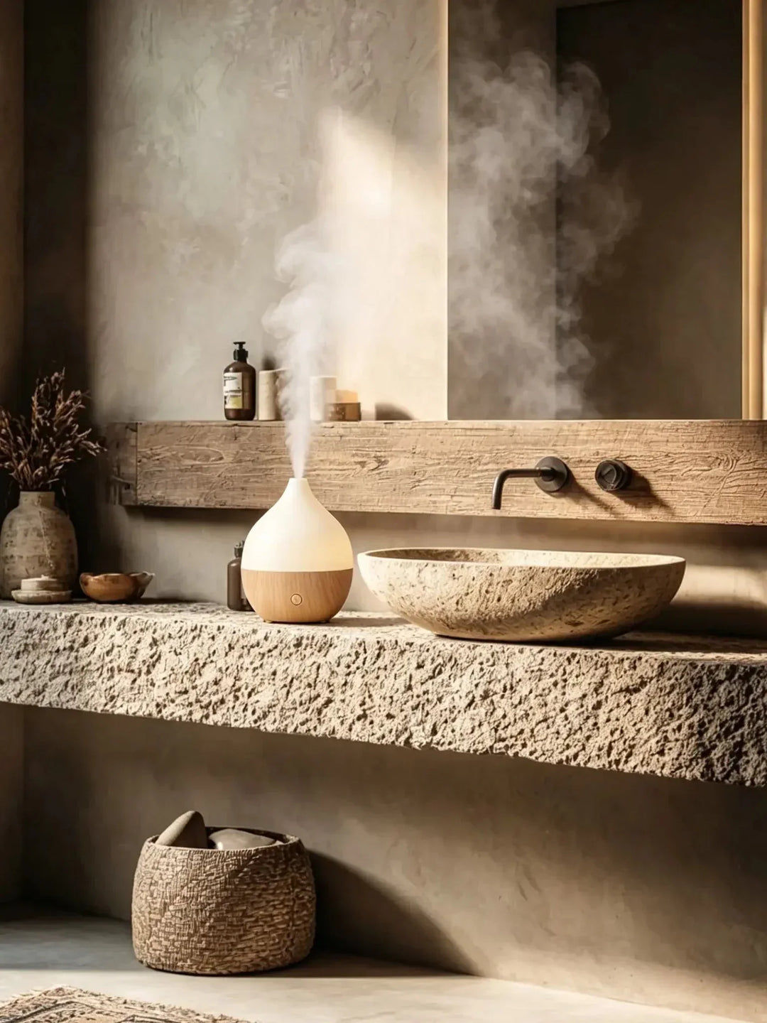 Kleiner Aroma Diffuser als Luftbefeuchter für Homeoffice & Schlafzimmer, schafft Entspannungs-Atmosphäre.