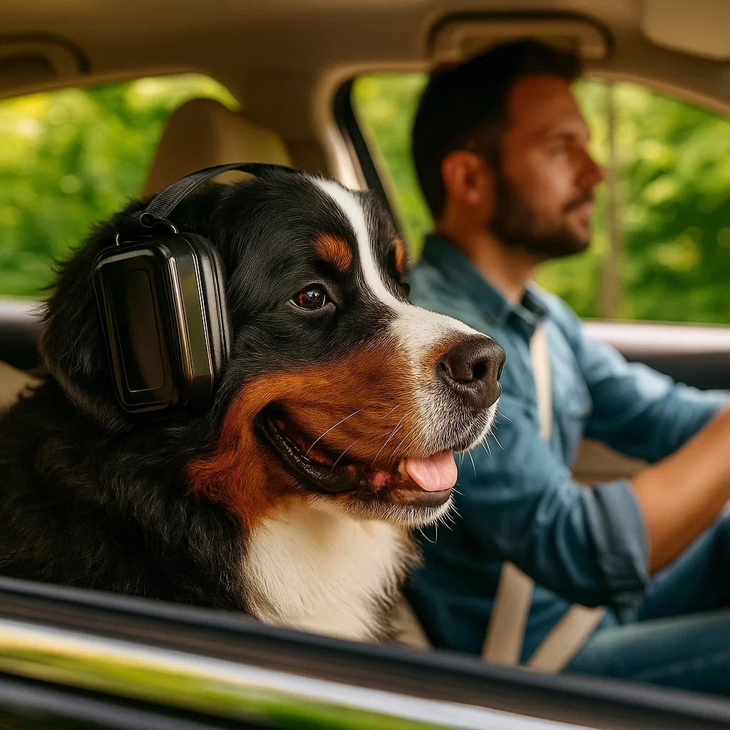 Brauner Hund trägt blaue Ohrenschützer für Lärmschutz, genießt Ruhe & Entspannung. Reduziert Stress effektiv.