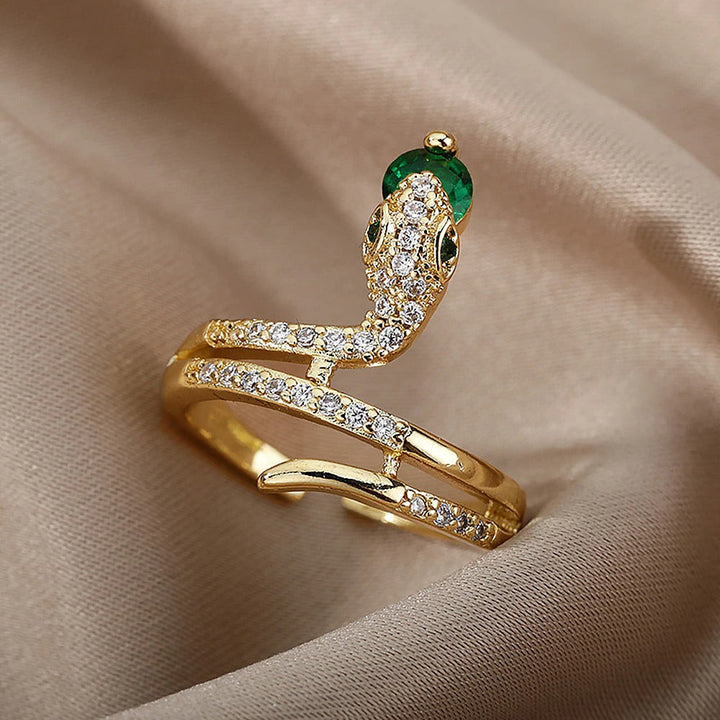 Damen Zirkon Schlangenring aus Edelstahl. Mystischer Eleganz Modeschmuck. Trendiger Ring mit Stein.