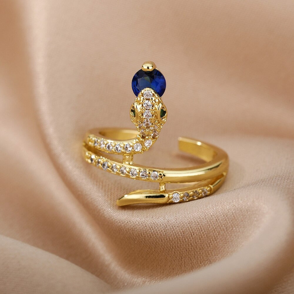 Nahaufnahme vom detaillierten Schlangenring für Damen aus Edelstahl mit funkelnden Zirkonen. Mystischer Modeschmuck.