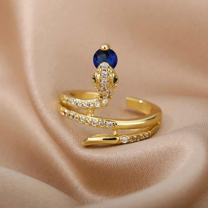 Nahaufnahme vom detaillierten Schlangenring für Damen aus Edelstahl mit funkelnden Zirkonen. Mystischer Modeschmuck.
