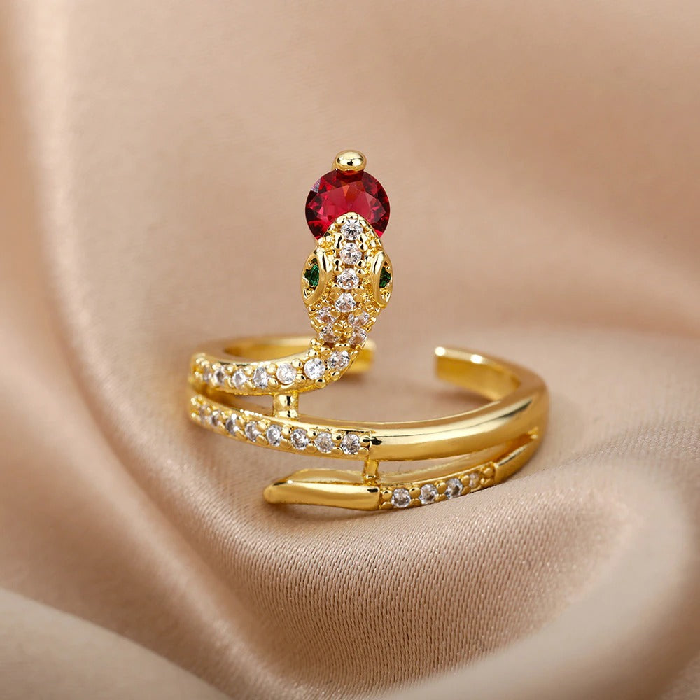 Trendiger Damen Schlangenring aus Edelstahl, verziert mit Zirkon. Mystischer Modeschmuck, eine tolle Geschenkidee.