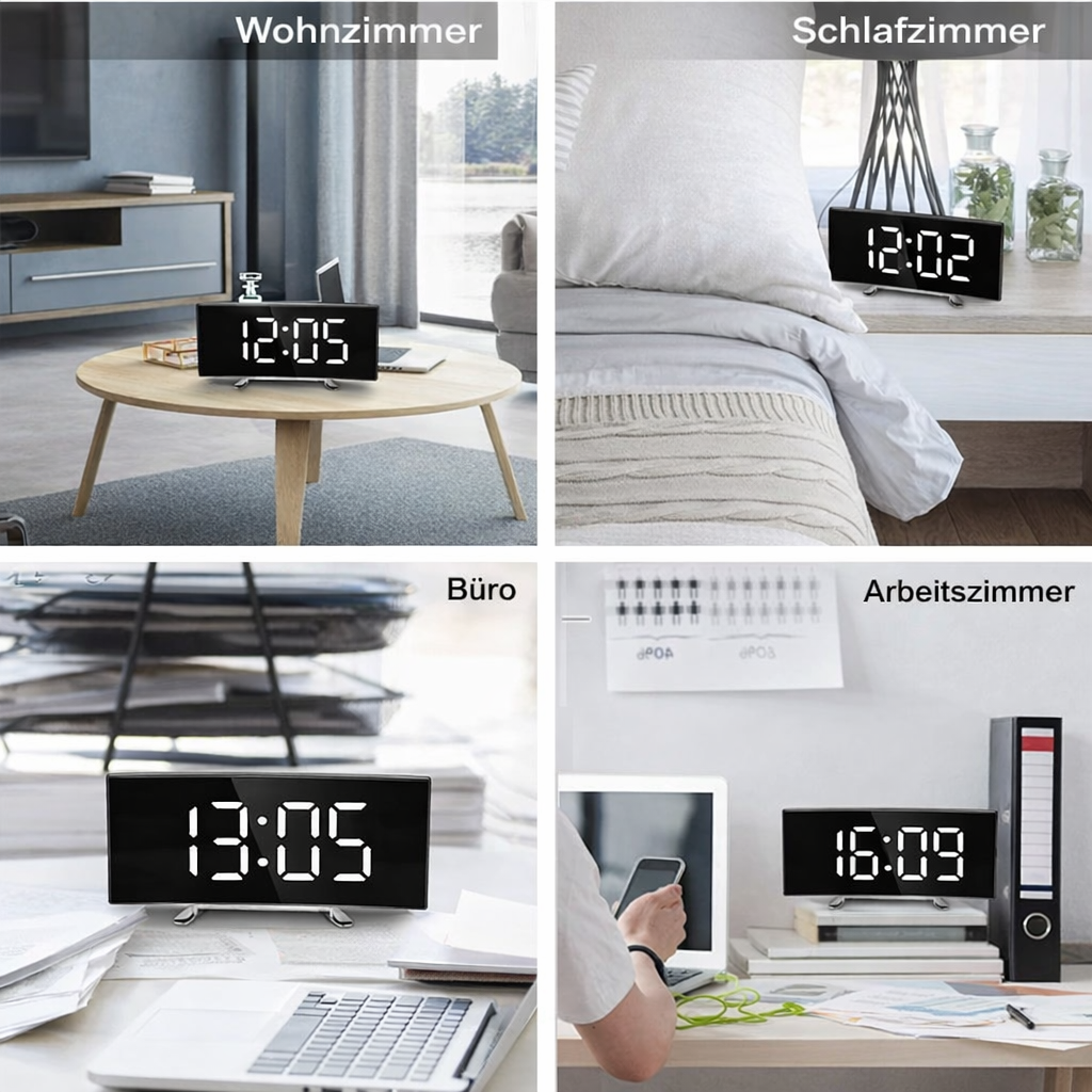 Modernes CurveClock LED Spiegelwecker Design in Schwarz mit klarer Digitalanzeige, perfekt für Home Decor & Büro.