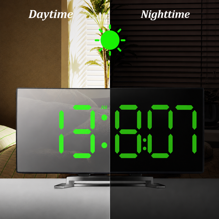Blendfreier CurveClock LED Digitalwecker mit intelligenter Auto-Dimmung für angenehme Anzeige bei Tag und Nacht.
