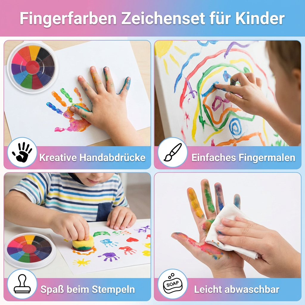 Buntes Fingerfarben Set für Kinder, ungiftig & abwaschbar, fördert spielerisch Kreativität und Malen lernen.