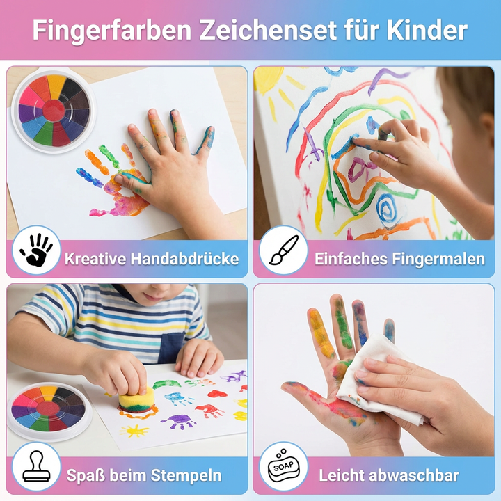 Buntes Fingerfarben Set für Kinder, ungiftig & abwaschbar, fördert spielerisch Kreativität und Malen lernen.
