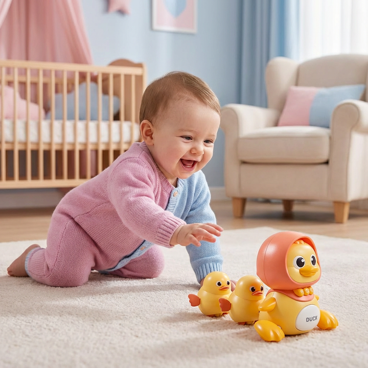 Rosa & gelbe watschelnde Entenfamilie als interaktives Lernspielzeug für Kleinkinder.