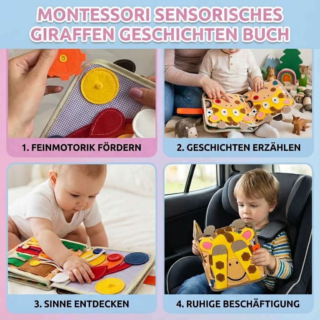 Buntes sensorisches Giraffenbuch, speziell für die Entwicklung der Feinmotorik und kognitiven Fähigkeiten von Kindern.