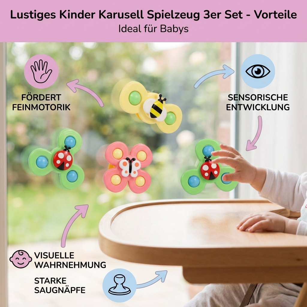 Lustiges 3er Set Kinder Karussell. Farbenfrohes, sicheres Lernspielzeug für Babys, fördert spielerisch die Motorik.