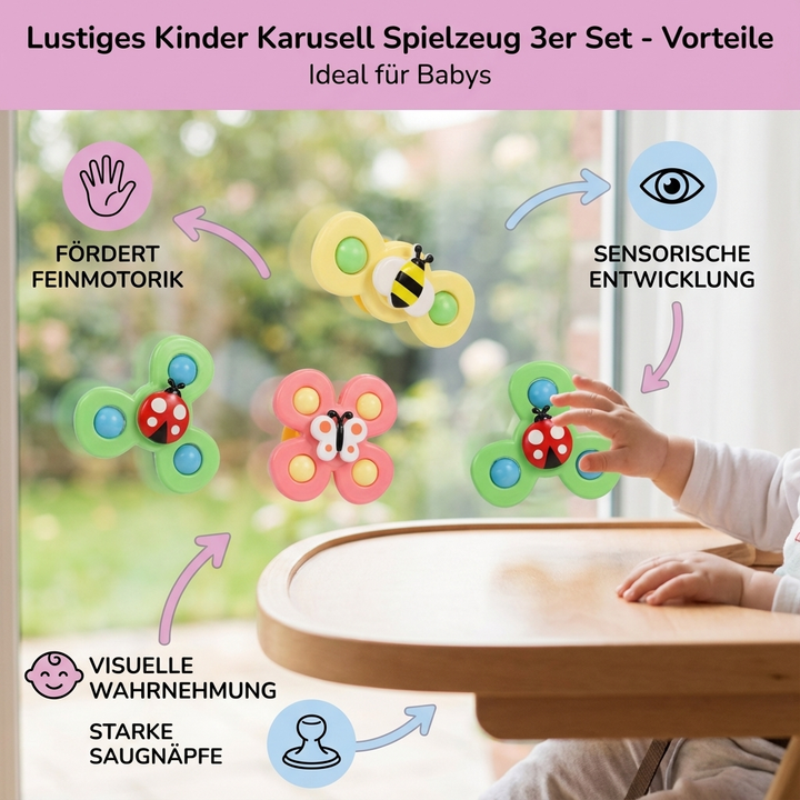 Lustiges 3er Set Kinder Karussell. Farbenfrohes, sicheres Lernspielzeug für Babys, fördert spielerisch die Motorik.