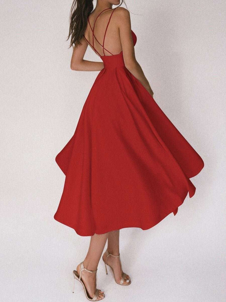 Dehnbares Damen A-Linien Maxikleid mit V-Ausschnitt, Spaghettiträgern und fließendem Stoff für den Sommer.