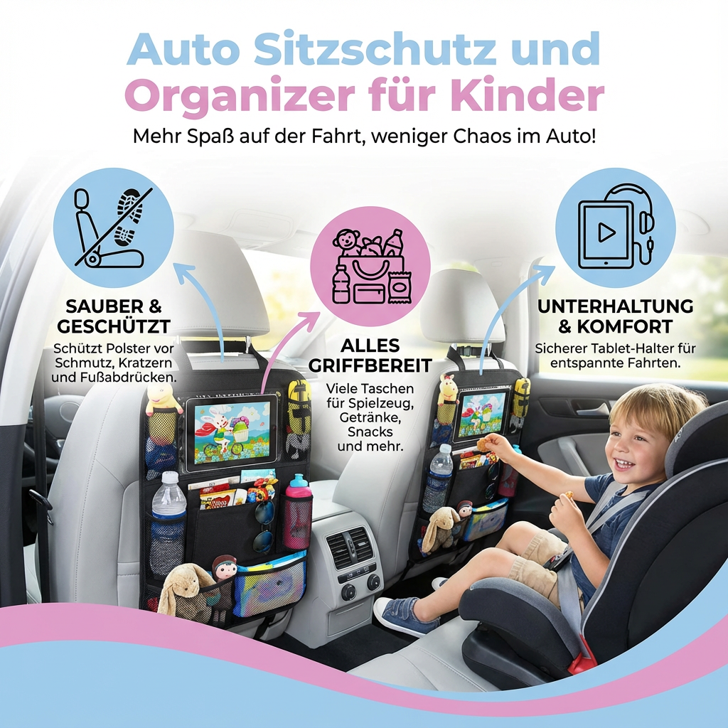 Praktischer Auto Organizer für Kinder mit vielen Fächern. Perfekt für Reiseutensilien, Spielzeug und Bücher unterwegs.