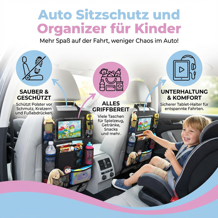 Praktischer Auto Organizer für Kinder mit vielen Fächern. Perfekt für Reiseutensilien, Spielzeug und Bücher unterwegs.