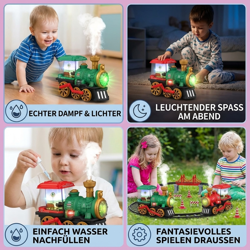 Detailaufnahme der intelligenten Dampflok auf Schienen; Echtdampf-Modell für kleine Eisenbahnfans.