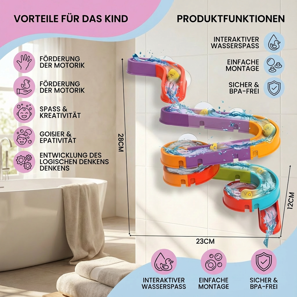 Spielerische Entenrutsche für die Badewanne, trainiert Geschicklichkeit und bringt Freude beim Baden.