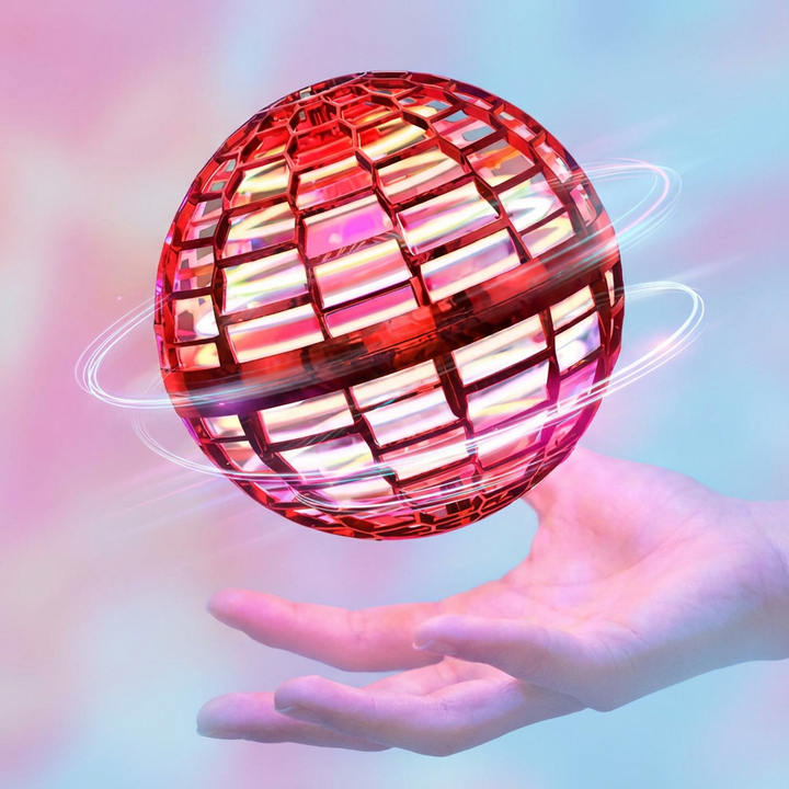 Magischer schwebender LED-Ball in Blau, Rot, Lila. Dynamisches Flugspielzeug, das die Fantasie beflügelt.