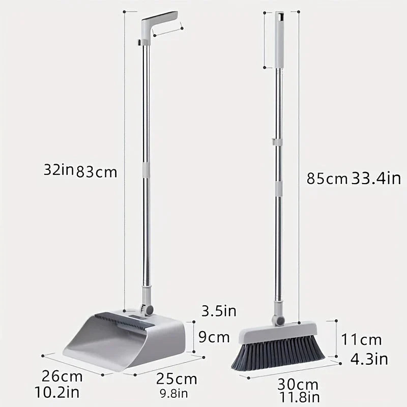 Platzsparendes, ergonomisches Besen- & Kehrblech-Set in Grau-Weiß für effiziente Bodenreinigung.