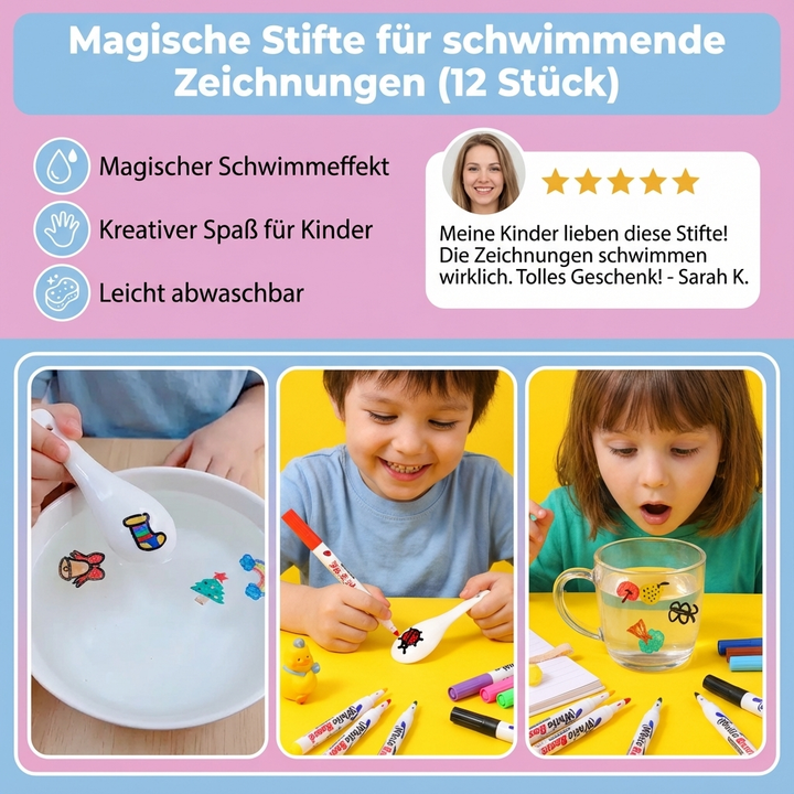 Kreativset mit 12 bunten Malstiften für Kinder. Erstelle faszinierende, schwimmende Zeichnungen auf Wasser.