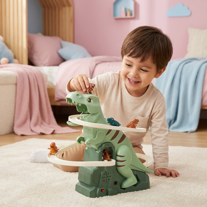 Große Kinder Dino Rutsche Achterbahn, elektrisch, für Abenteuer & Spaß drinnen & draußen. Fördert Motorik.