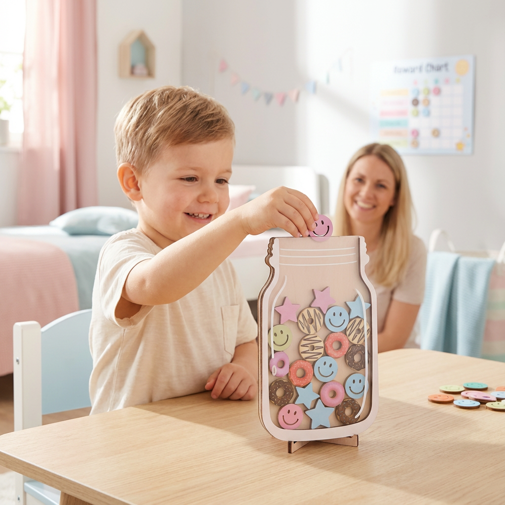 Glückliches Kind platziert einen Stern im Belohnungsglas; fördert positives Verhalten & Ziele erreichen.