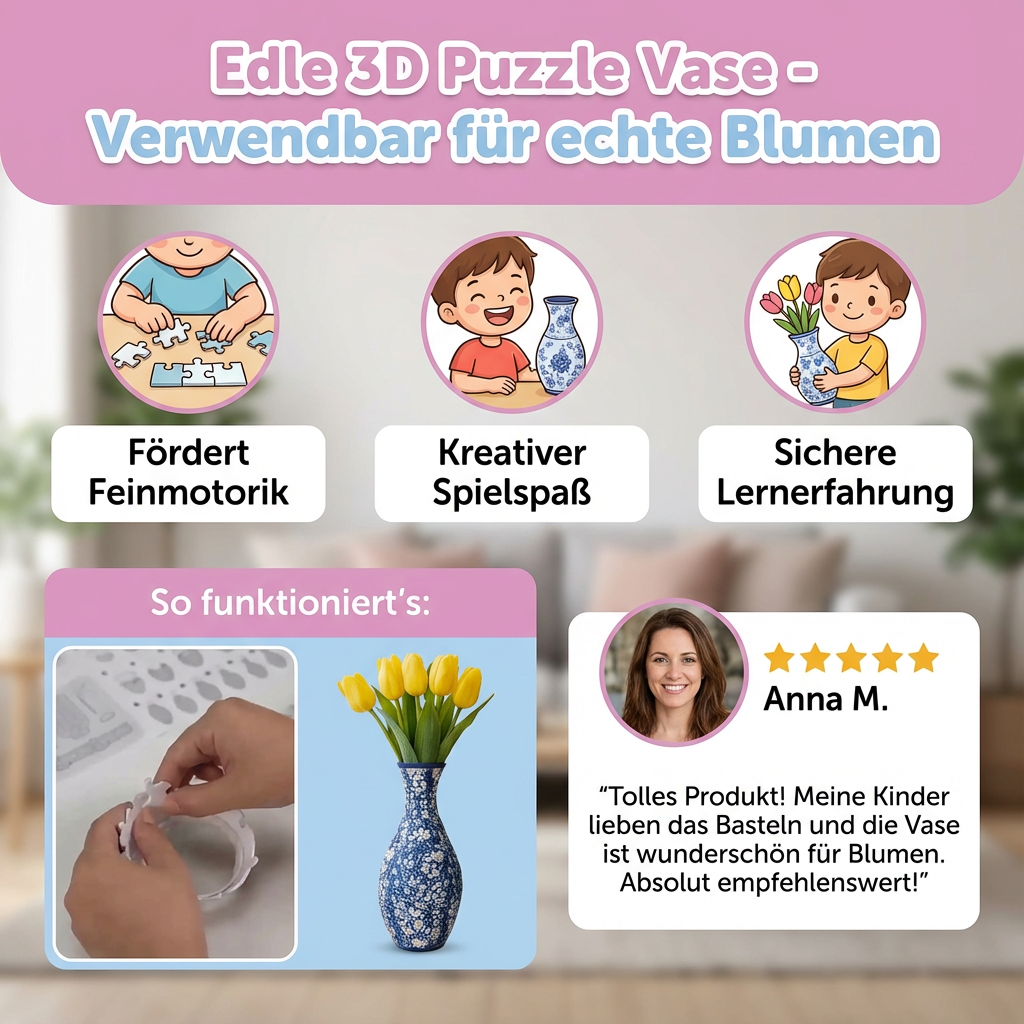 Kreatives Geschenk: 3D Puzzle Vase für Erwachsene. Ein DIY Bastelset für Blumendekoration und ein einzigartiges Wohnaccessoire.