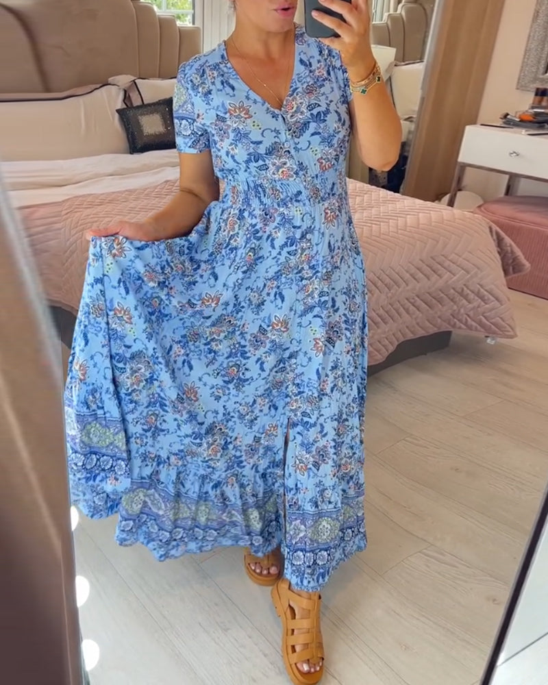 Damen Sommerkleid mit V-Ausschnitt und fließender Silhouette. Zeitlos elegant & bequem.