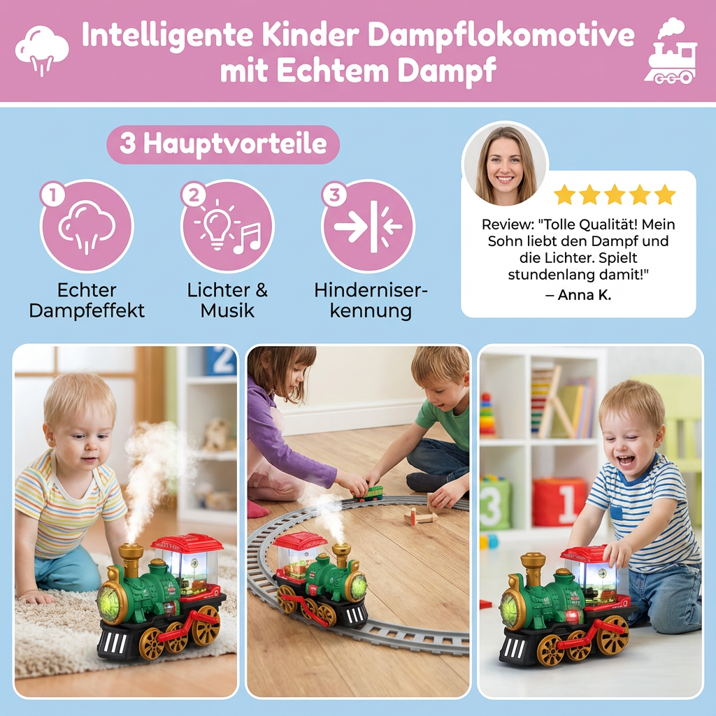 Fernsteuerbare Dampflokomotive für Kinder; robustes Kinderspielzeug mit simpler Bedienung.