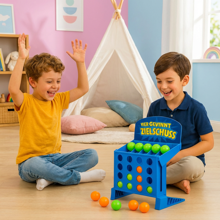 Nahaufnahme des Zielschuss-Mechanismus vom Vier Gewinnt Spiel; actionreiches Reaktionsspiel für Kinder.