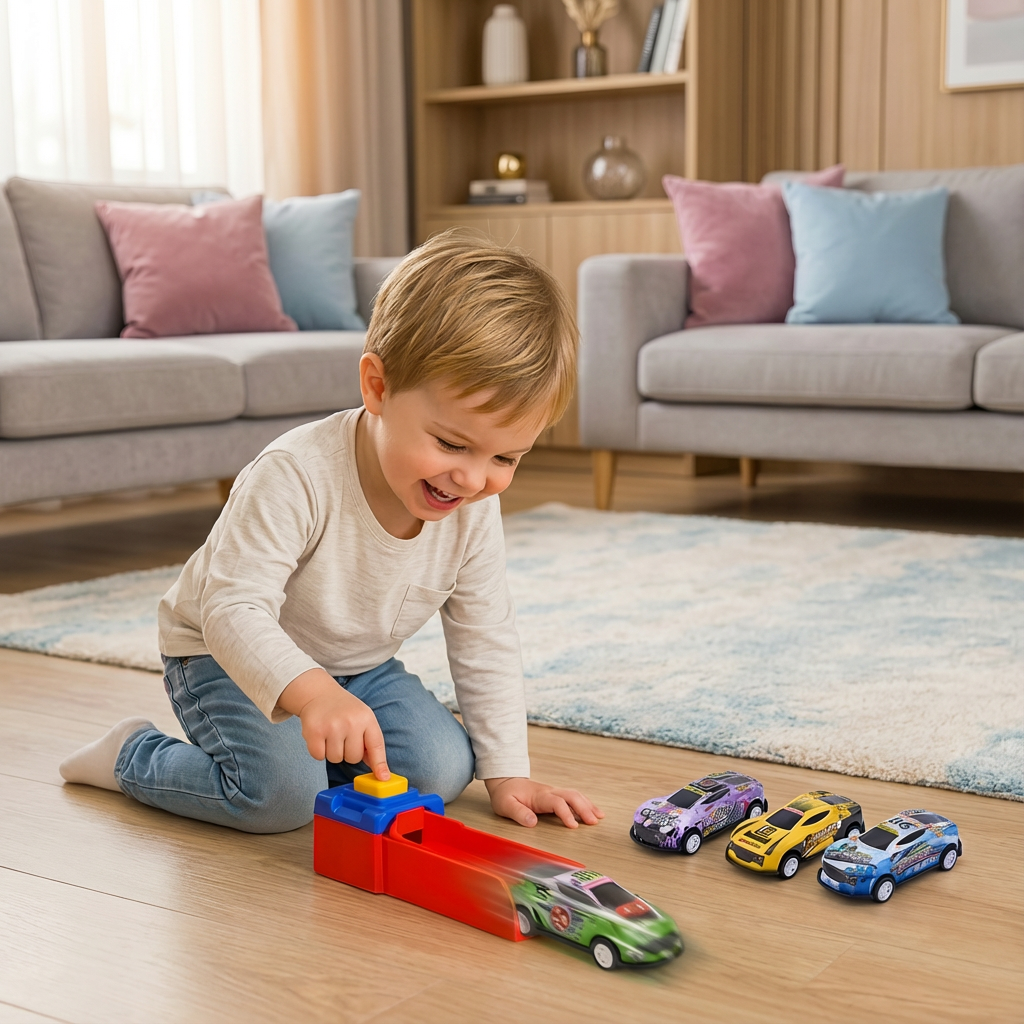 Kinder Rennspiel Set mit Katapult-Startrampe und Metallautos. Spannung und Spaß auf der Rennstrecke für jedes Kind.