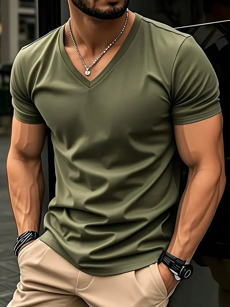 Stylisches Herren V-Ausschnitt T-Shirt, Slim Fit Kurzarm, perfekt für Alltag & Freizeit.