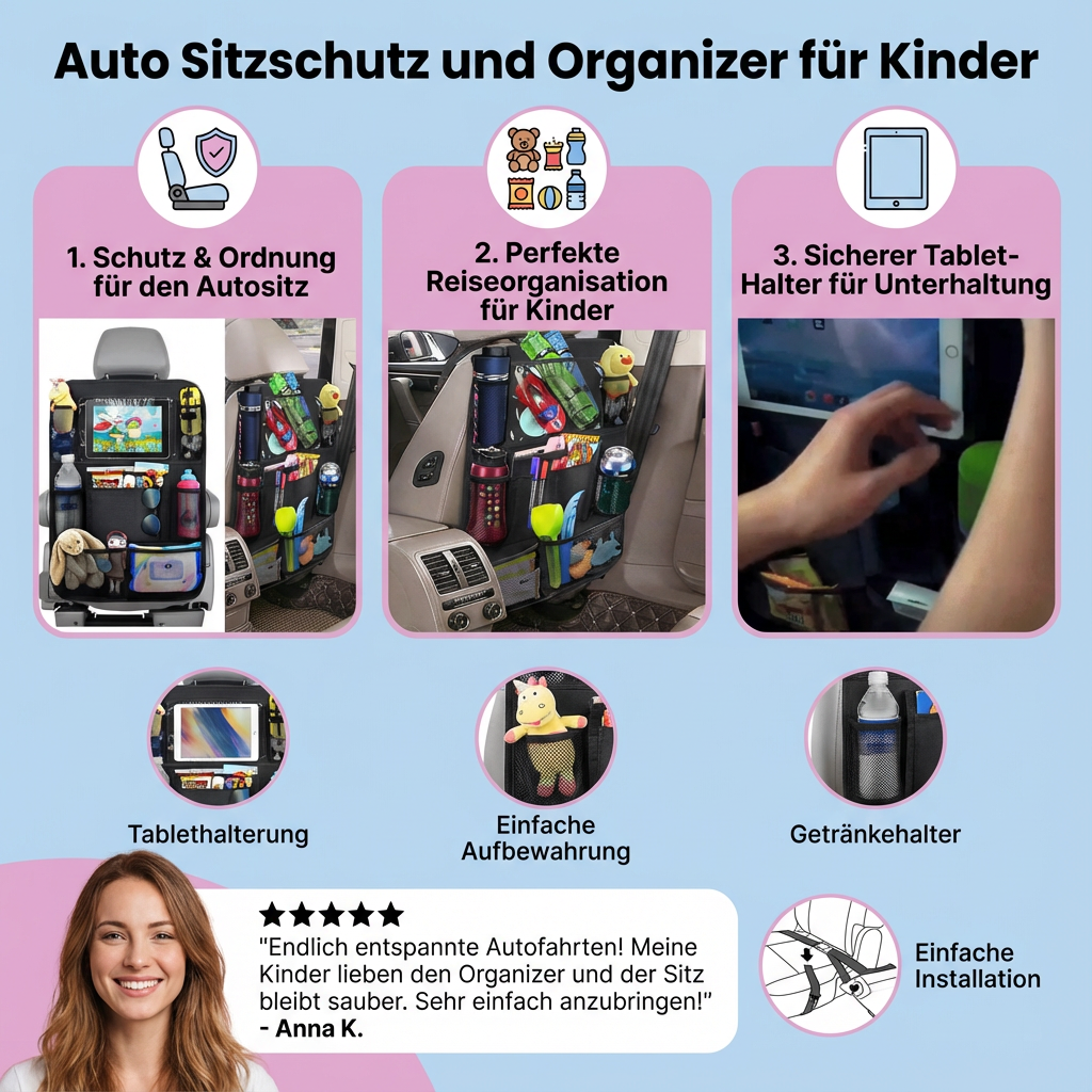 Pflegeleichter Sitzschutz mit integriertem Organizer hält die Autoreihen sauber und Reiseutensilien der Kinder griffbereit.