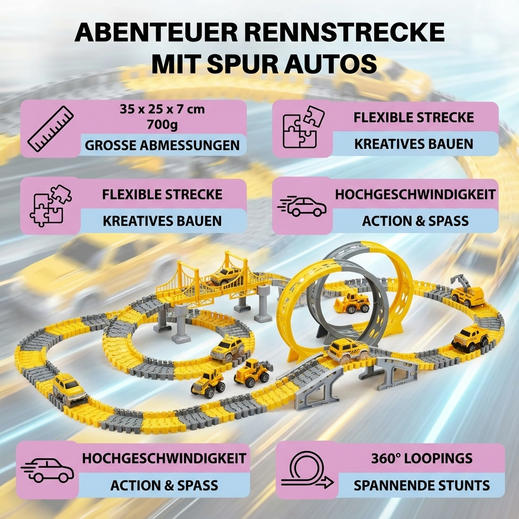 Aufbau der modularen Kinder Rennstrecke aus Kunststoff mit verschiedenen Streckenelementen und Autos.