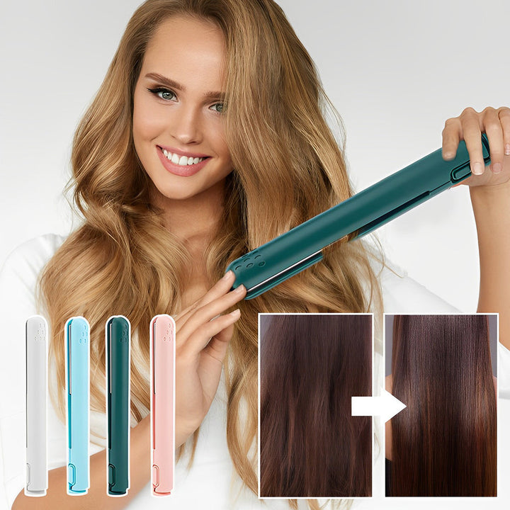 Reisefertiger Damen-Hairstyler: Mini-Lockenstab und Glätteisen mit USB-Anschluss für unterwegs.