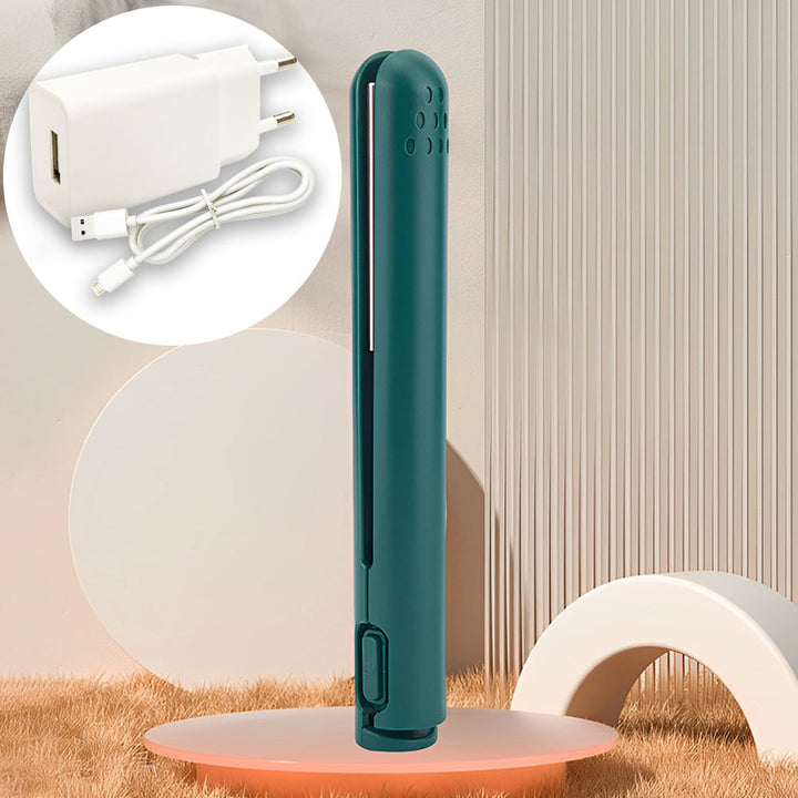 Tragbarer 2-in-1 Mini-Lockenstab & Glätteisen mit USB, perfekt für Damen-Haarstyling unterwegs.