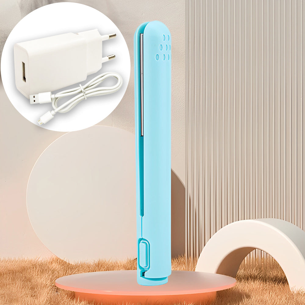 Praktischer Damen-Haarstyler: 2-in-1 Mini-Lockenstab und Glätteisen, USB-Aufladung.
