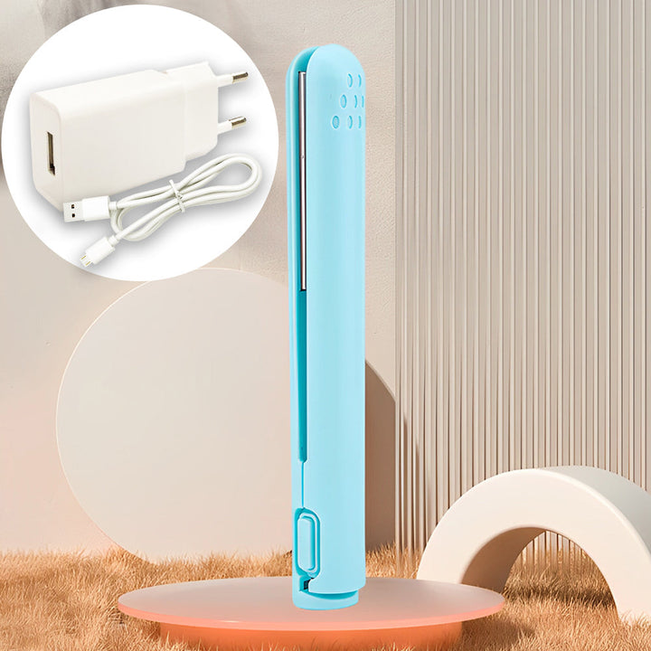 Praktischer Damen-Haarstyler: 2-in-1 Mini-Lockenstab und Glätteisen, USB-Aufladung.