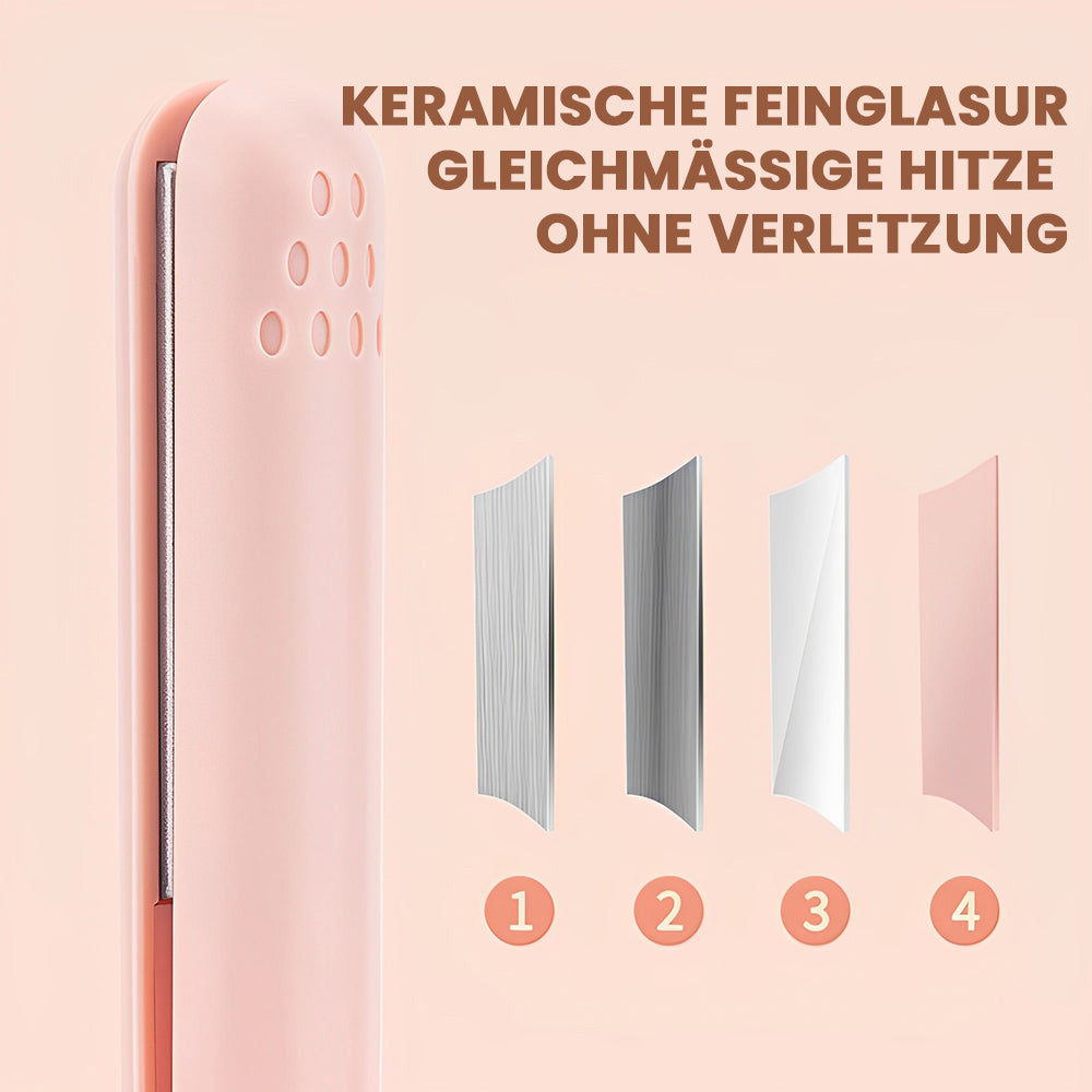 Kompakter USB-Reisehairstyler: Mini-Lockenstab und Glätteisen für einfaches Damen-Styling.