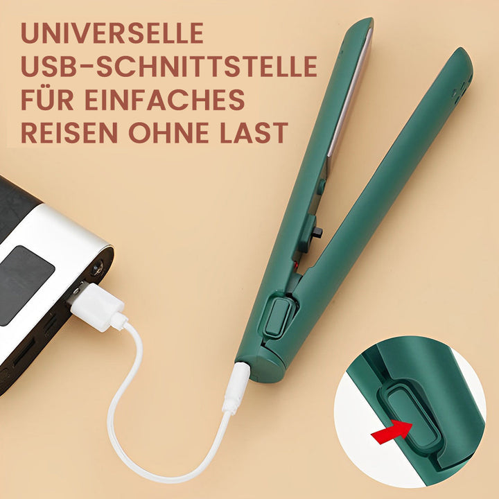 Perfektes USB-Reise-Glätteisen und Lockenstab, tragbar und keramikbeschichtet für Damen.