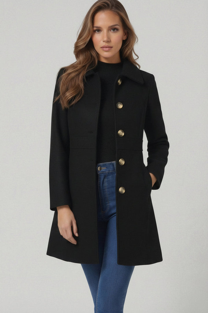 Damen A-Linien-Mantel, tailliert, klassisch und elegant für Herbst/Winter, mit Knopfleiste.