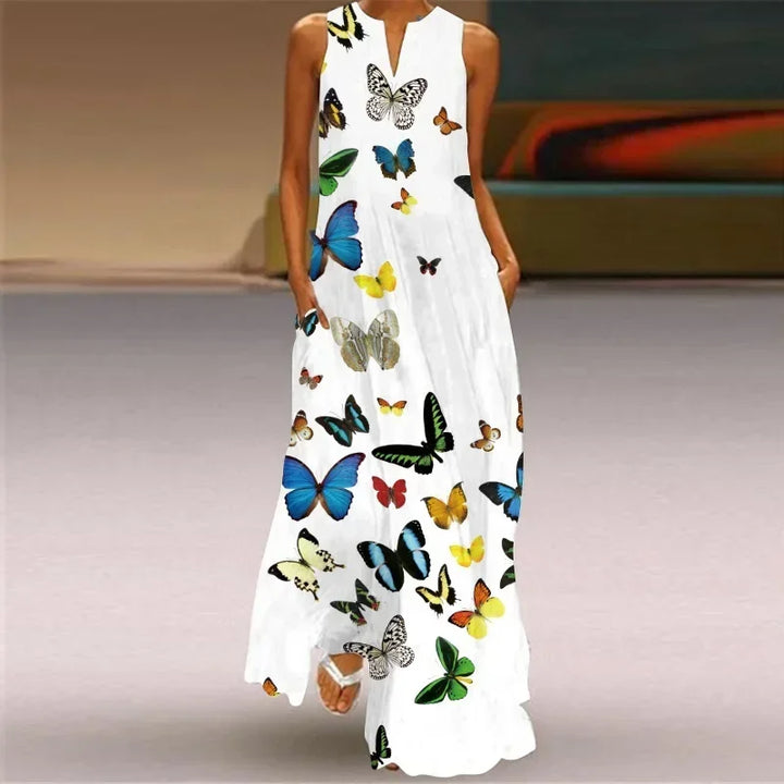 Damen A-Linien Maxikleid mit elegantem Blumen & Schmetterling Muster; perfekt für den Sommer.