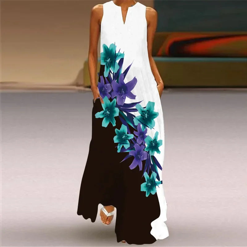 Boho A-Linien Maxikleid für Damen, elegant, mit farbenfrohem Blumen- & Schmetterlingsprint.