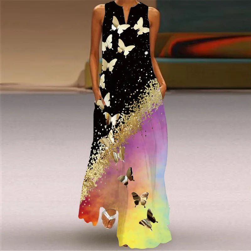 Feminines Damenkleid, A-Linie, mit Blumen- & Schmetterlingsmuster; perfektes Sommer-Freizeitkleid.