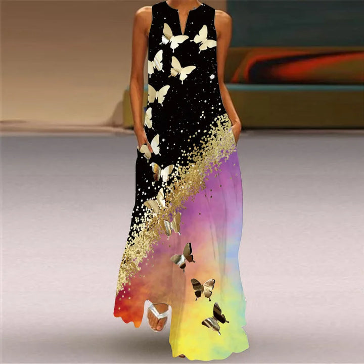 Feminines Damenkleid, A-Linie, mit Blumen- & Schmetterlingsmuster; perfektes Sommer-Freizeitkleid.