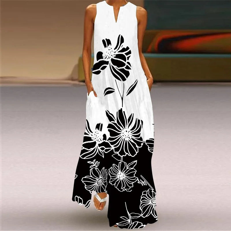Leichtes Damen Maxikleid, A-Linie, mit Blumen & Schmetterlingen; stilvolles Sommerkleid.