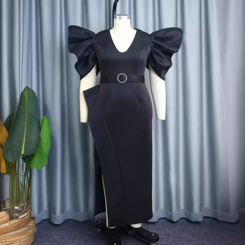Elegantes schwarzes Partykleid für Damen mit glamourösen Puffärmeln, Taillengürtel & V-Ausschnitt.