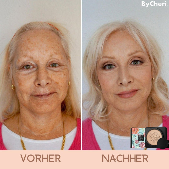 Elegante Damen Air Cushion Foundation Dose mit integriertem Spiegel & Applikator. Kompakt & praktisch für unterwegs.