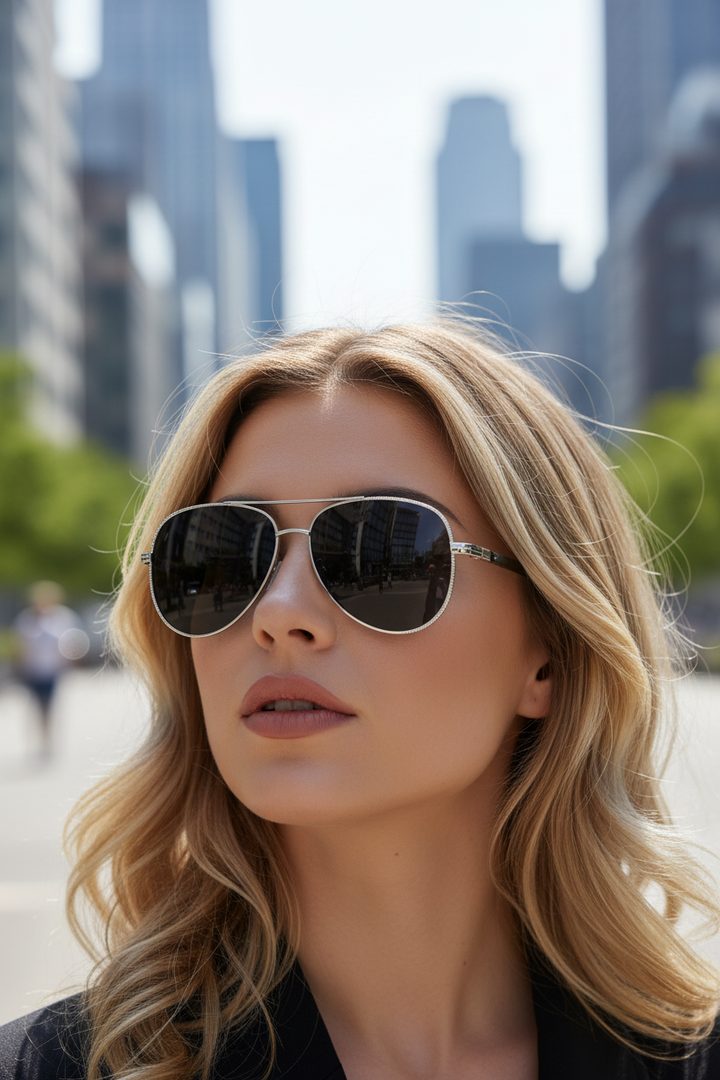Stilvolle Damen Aviator-Sonnenbrille, leichtes Design, ideales Accessoire für Schutz & klare Sicht.