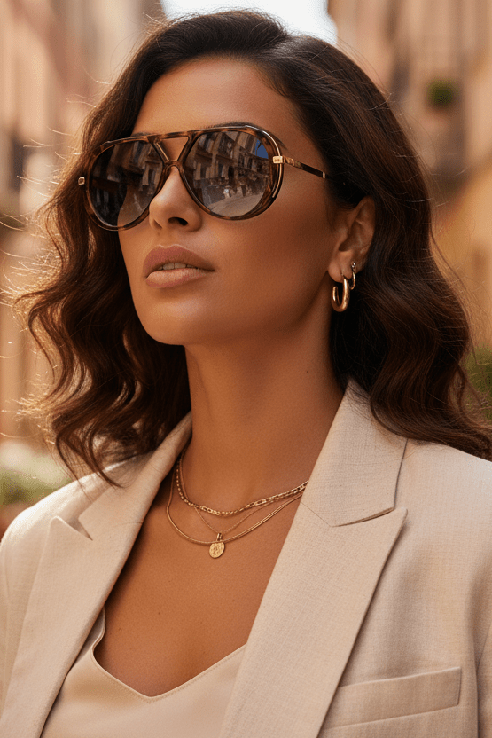 Frau trägt stilvolle Aviator Sonnenbrille "Layla" draußen, leicht & elegant für den Alltag.