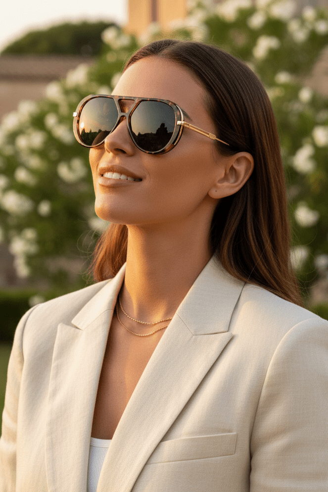 Nahaufnahme der modernen Damen Aviator Sonnenbrille "Layla", klare Linien, leichtes Design.