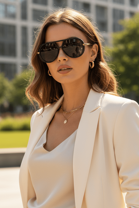 Vielseitige Damen Aviator Sonnenbrille "Layla", leicht und modisch, perfekt für Reise und Freizeit.